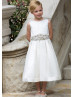 Ivory Satin Flower Girl Dress With Beaded Flower Sash